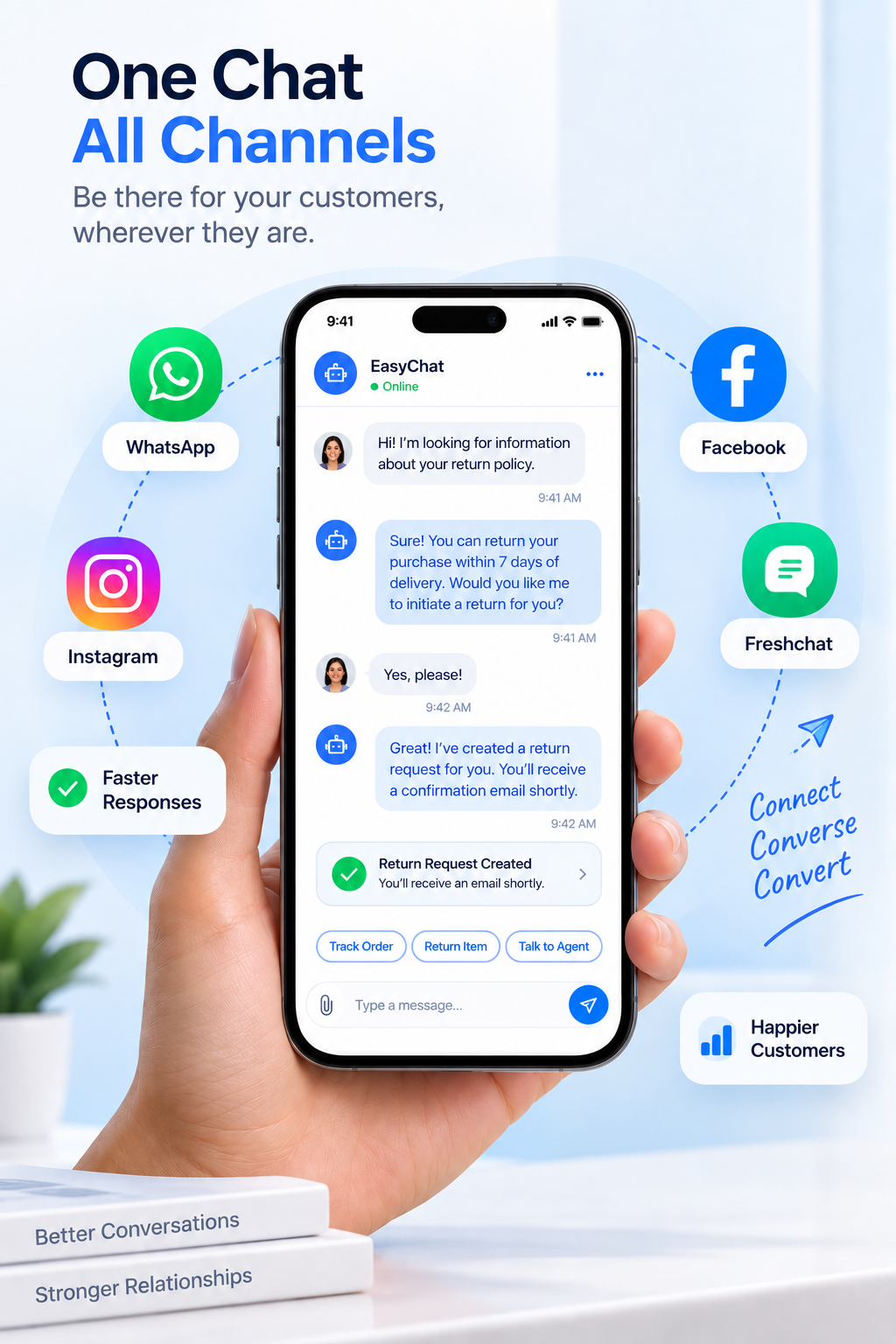 EasyChat unifies WhatsApp, Instagram, Facebook, and Freshchat into one chat — connect, converse, convert for faster responses and happier customers