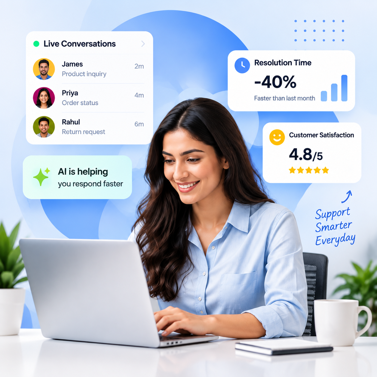 EasyChat dashboard showing live conversations, a 40% faster resolution time, and 4.8/5 customer satisfaction while an agent works